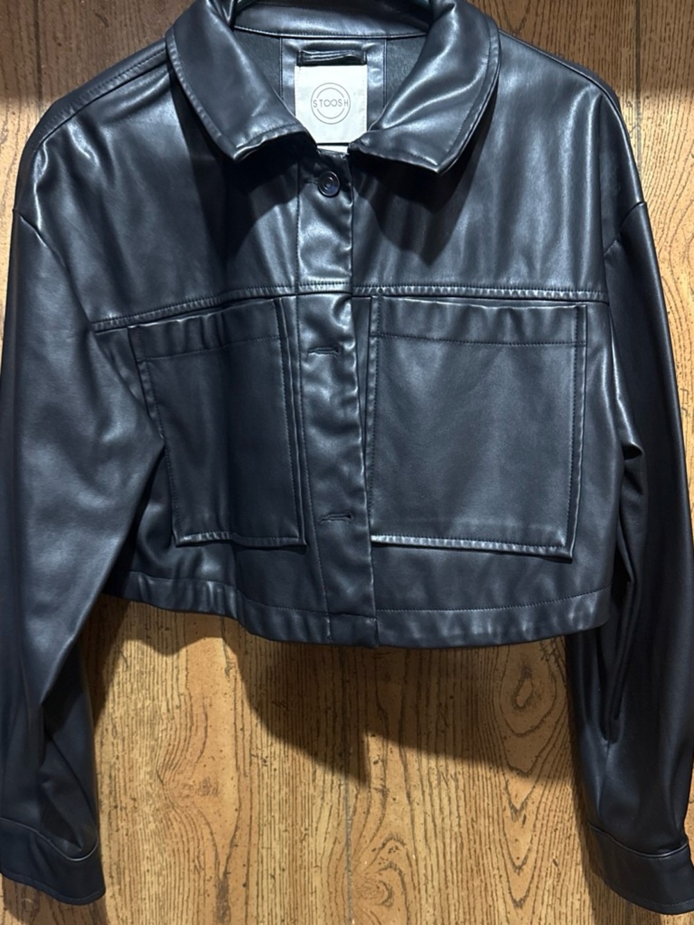 Stoosh Black Faux Leather Cropped Jacket with Patch Pockets
